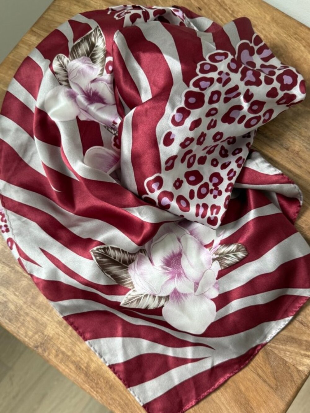 VINTAGE 100% SILK Burgundy Cheetah Zebra Animal Print Floral Rectangle Scarf